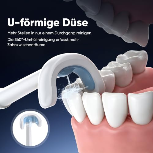 Image of Cordless Water Flosser for Teeth, U-Shaped Tip, 350ml Tank, Black | Plastic body, two-sided tooth cleaning, 3 modes, 40-150 PSI DIY pressure, IPX7-rated, USB-C, 8 tips, adults, braces, travel