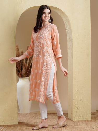 Image of Ada Hand Embroidered Lucknowi Chikankari Modal Kurta for Women A411556
