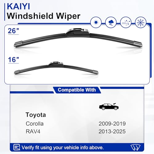 KAIYI 26" + 16" Windshield Wipers Compatible with Toyota Corolla 2009-2019,Toyota RAV4 2013-2023 Premium Automotive Replacement Windshield Wiper Blades 2 Pack by KAIYI - Used condition - Image 2