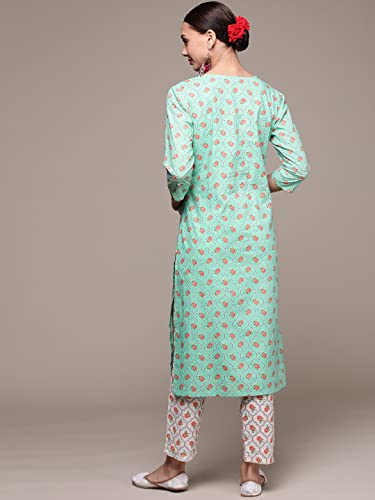 Image of anubhutee Women's Turquoise Handwork Printed Kurta Set with Trousers