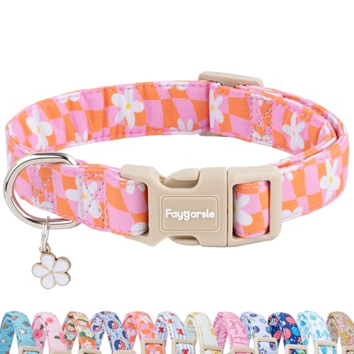 Faygarsle Floral Dog Collar, Pink and Orange Pattern with White Flowers, Spring Summer Design for Small Medium Large Dogs M