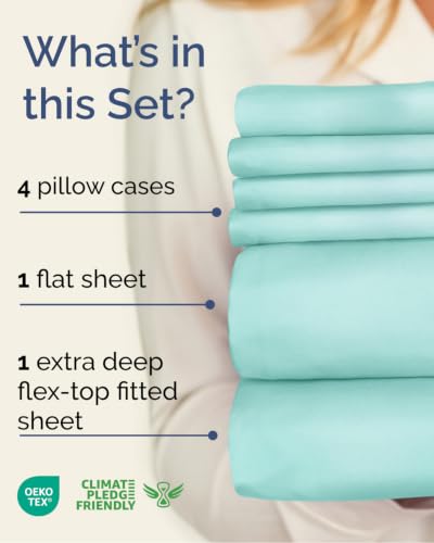 Image of Extra Deep Flex Top Split Head King Sheet Set - 6 Piece Breathable and Cooling Sheets - Hotel Luxury Bedding for Women, Men, Kids & Teens - Easy Secure Fit - Extra Deep Pockets - Spa Blue