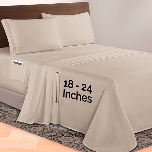 Image of Elegant Comfort Luxurious 1500 Premium Hotel Quality Microfiber 4-Piece Sheet Set, 18-24 Inches Deep - Extra Deep Pocket Sheets - Ultra Soft 4PC Deep Pocket Sheets, King, Cream