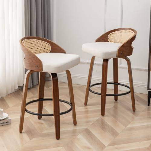 30" Swivel Rattan Bar Stools Set of 2,Mid-Century Modern Beige Li...