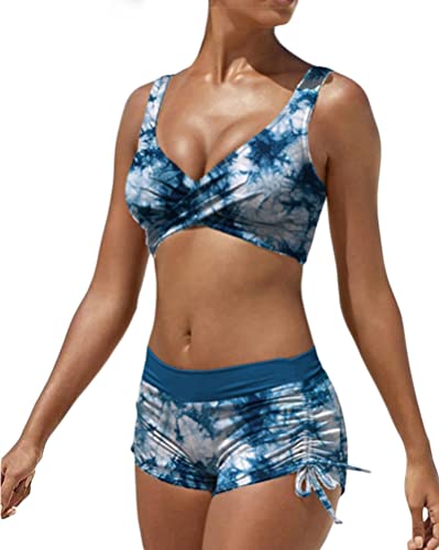 Minetom Femme Bikini Ensemble Tankini Imprimé Push up Maillots de Bain 2 Pièces Hauts Taille Haute Short Swimwear A Bleu L