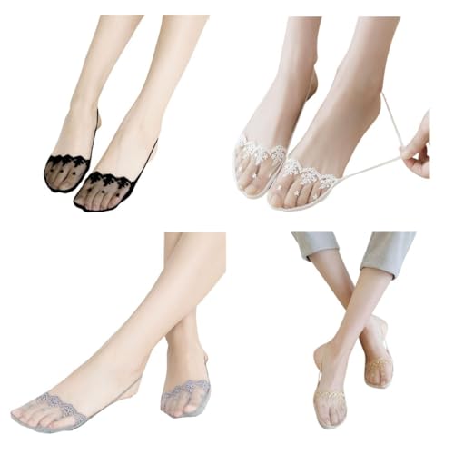 NentMent 4 Pair Women No Show Socks Ultra Low Cut Liner Socks Lace Ice Silk Sling Back Toe Topper Sock Half Covers Non-Slip Grip Half Sock for Heels Dress Sneakers Flats Pumps Loafers Character Shoes