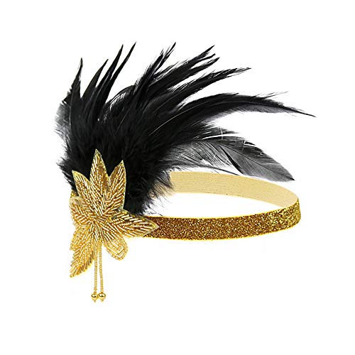 Women's Flapper Headband Great Gatsby 20s Headband Black Feather Beaded Leaf Bachellorette Hen Party Headpiece (Golden)