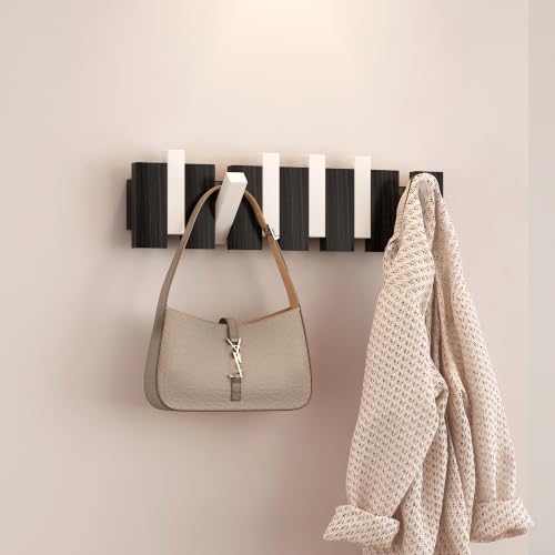 EcobooLife Wooden Piano Coat Rack Wall Mounted, Coat Hooks Hanger Wall Mount with 6 Hooks, Flip-Down Natural Coat Rack for Hanging Keys/Bags, Space Saving Home Hangers, Black & White - image 1