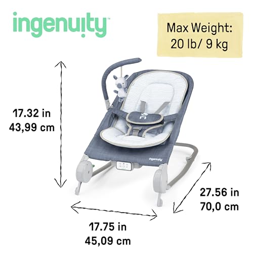 Image of Ingenuity Gas Relief and Anti-Colic Baby Bouncer Seat and Rocker, Gentle Belly Massage to Relax and Soothe Bellies, Instant Tummy Soother, 20 Songs and Melodies - Chambray Blue