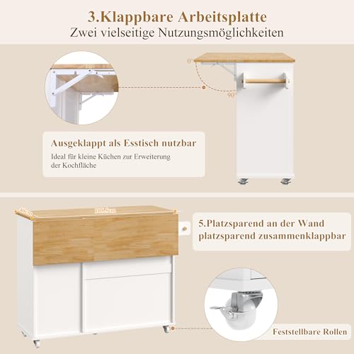 Miniatura 6 de Hocsok Isla De Cocina, Carrito De Cocina Con 5 Ruedas, Armario De Cocina Con Encimera Y Cajones Plegables, Isla De Cocina, Mueble De Bar Independiente Para Cocina Y Comedor, Color Blanco
