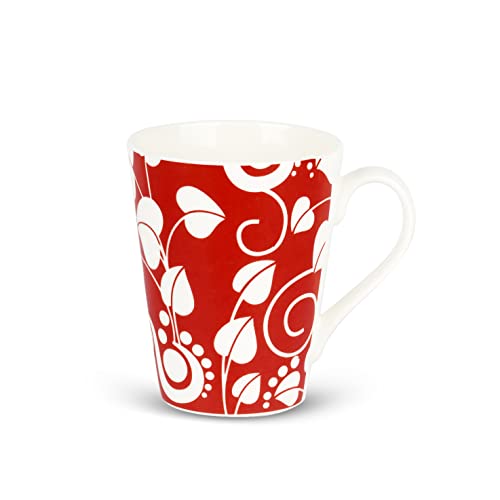 Image of Dandy Lines Conical Red and White Leaves, Ceramic Coffee Mug Set, Pack of 4, Microwave & Dishwasher Safe, Great for Home Use & Gifting