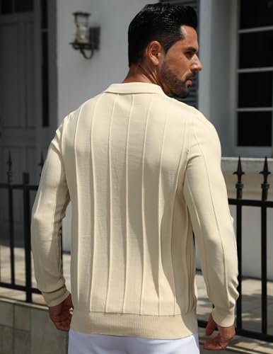 MioRoim Men's Knit Polo Shirts Casual Long Sleeve Polo Sweater Cable Ribbed Knitted Sweaters Vintage Golf Pullover Shirt3