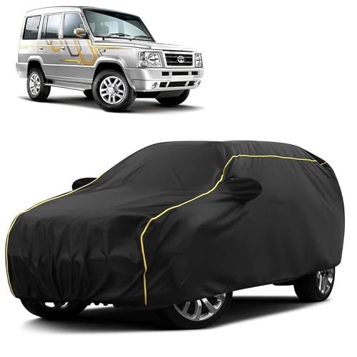 Image of Sulfar 100% Water Resistant Car Body Cover Compatible with Mirror for Tata Sumo Victa (Triple Stitched, Full Bottom Elastic, Black Taffeta with Yellow Piping)