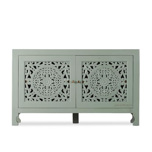 Image of Yepa Wooden Sideboard Cabinet for Living Room | Handcrafted Solid Wood Storage Cabinet with Carved Doors | Crockery Cabinet for Home | Crockery Furniture for Home (Green Ela)
