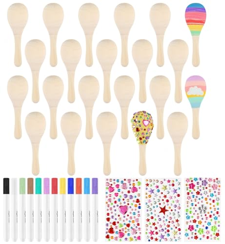 PLULON 30 Pcs Wooden Maracas for Kids Mini Maracas with Multicolor Pens and Gem Stickers for Cinco De Mayo Unfinished Festival Painting Crafts Shakers Fiesta Mexican Birthday Party Favors Supplies