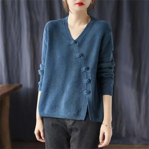 Women Vintage Buttons V-Neck Sweater Ladies Loose Knitting Pullover Top All-Match Jumper Outwear4
