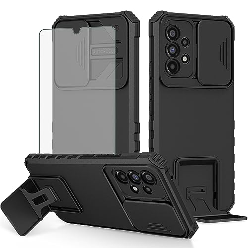 Asuwish Phone Case for Samsung Galaxy A32 5G 2021 6.5 inch with Screen Protector and Slide Camera Cover Kickstand Stand Protective Cell Accessories M32 G5 A 32 32A S32 SM-A326U A326U Women Men Black