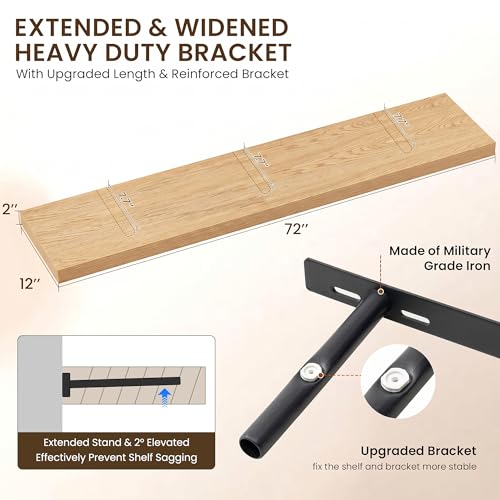 Image of Dreamland 72 inch Floating Shelves for Wall, 12 inch Deep Thicker Floating Shelves, Wall-Mounted Shelves for Bedroom, Living Room, Kitchen, Bathroom, Oak - Set of 1