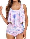 Edelqual Tankini Swimsuits for Women Plus Size Tummy Control Juniors Girls Cute Bathing Suit Two Piece Top Modest Full Coverage High Waisted Bikini Bottom(Purple M)
