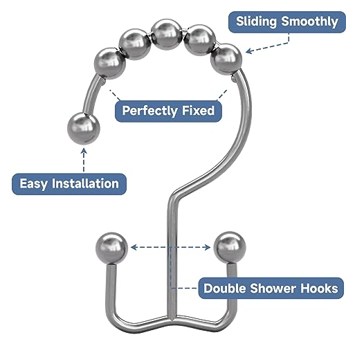 Titanker Shower Curtain Hooks Rings, Rust-Resistant Metal Double Glide Shower Hooks for Bathroom Shower Rods Curtains, Set of 12 Hooks - Chrome