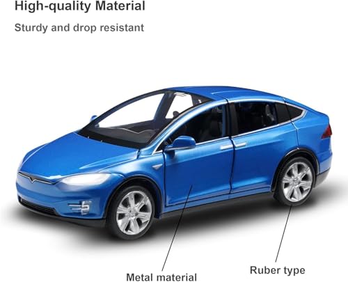 Image of 1:32 Tesla Model X Toy Car with Pull-Back Action Lights, Sound and openable Doors.Durable diecast Model for Kids Aged 3-12 offering Hours of Fun and Realistic Play (Blue)