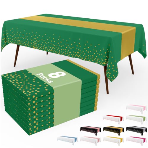 Image of Smiry Plastic Table Cloth Disposable 8 Pack, 54 x 108 Inch Rectangle Waterproof Tablecloth, Printed Gold Table Runner Style for Birthday Weeding, Party Decorations, Sturdy, Christmas Green and Gold