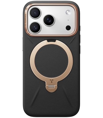 TORRAS iPhone 17 Pro 用 ケース【新感覚レザー・スキンタッチ】Ostand Q3 レザートーン MagSafe対応 リング スタンド 360°定点回転 縦横両対応 マグネット搭載 革 カメラコントロールボタン 米軍規格 耐衝撃 指紋防止こくよう・ブラック