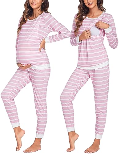 Ekouaer Premamá Pijama Conjunto Ropa de Dormir Invierno Pijama para Embarazadas y Lactancia Cálidos Cuadros de Rayas, Rosa, XXL