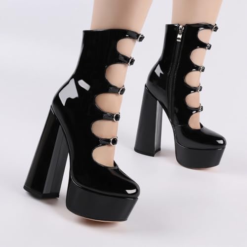 FancyQueen Goth Ankle Boots Platform Boots for Women Patent Leather Buckle Strap Black Chunky High Heels for Women Zipper Gothic Lolita Shoes Comfort2