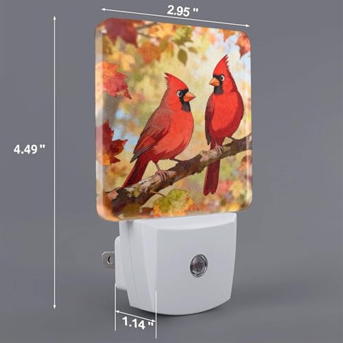Image of Fall Maple Night Light Set of 2, Red Birds Auto Sensor LED Dusk-to-Dawn Nightlights, Plug-in Sensor Lamp for Bedroom Bathroom Kitchen Hallway Stairs Decorative