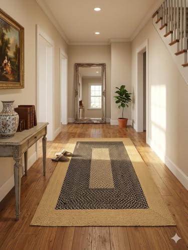 Image of Bhuvan Handloom Natural Cotton Braided - Hand Woven & Reversible for Living Room, Kitchen, Entryway - Cotton Burlap Hallway Braided Farmhouse Rustic Rug (Beige & Black, 3'x5'[Feet], Rectangular)