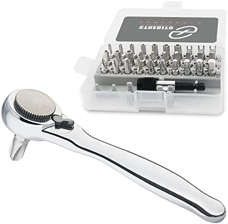 STREBITO Right Angle Screwdriver 32-Piece 1/4 Inch Mini Ratchet Set Low Profile Offset Bit Set with 72-Tooth Ratcheting Wrench Stubby Ratchet 90 Degree Screwdriver for Small Spaces