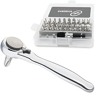 STREBITO Right Angle Screwdriver 32-Piece 1/4 Inch Mini Ratchet Set Low Profile Offset Bit Set with 72-Tooth Ratcheting Wrench Stubby Ratchet 90 Degree Screwdriver for Small Spaces