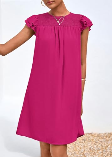Image of KIRUNDO Women's Casual Dresses 2024 Summer Ruffle Cap Sleeve Smocked Crew Neck Tunic Shift Chiffon Short Dinner Party Dress(Rose Red, Medium)
