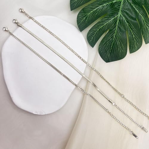 Image of Silver Ankle Bracelets for Women Waterproof Stainless Steel Anklet Adjustable Layered Cuban Silver Anklets Set Summer Beach Foot Jewelry Gift