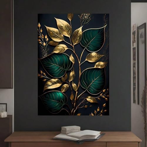 Lienzo de hojas verdes oscuras y doradas XBTYKPB, arte mural de gran sofisticación para estancias 2