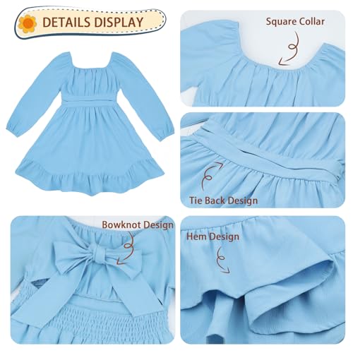 Little Bitty Girls Long Sleeve Dresses Teens Tie Back Smocked Waist Fall Winter Outfits Party Midi Dress for 4-13 Years2