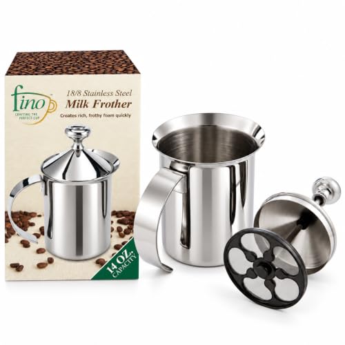 The Best Milk Frothers? (Top 7 Reviews) 2 Fino Milk Creamer Frother Cappuccino Foam Pitcher with Handle and Lid, 18/8 Stainless Steel, 14-Ounce Capacity