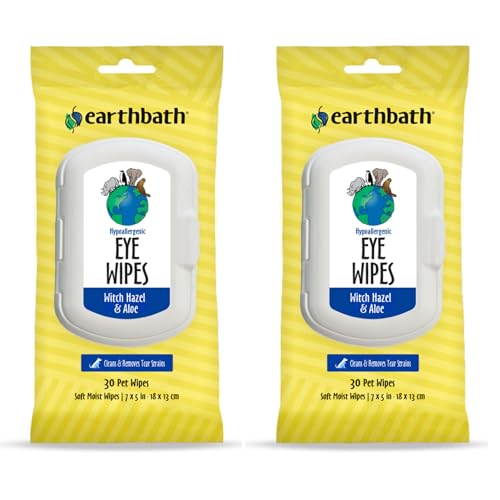 earthbath, Hypo-Allergenic Pet Eye Wipes - Fragrance Free Tear Stain Remover for Dogs Cats, Puppies and Kittens, Made in USA, 100% Cruelty Free - 30 Count (2 Pack)