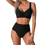 Women's High Waisted Bikini Set for Women UK, 2 Piece Tummy Control Swimwear Top Bottoms, Swimming Costume with Interchangeable Breast Pads (UK, Alpha, M, Regular, Regular, Black)
