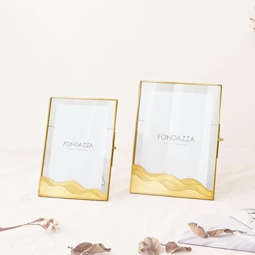 Fondazza Gold Photo Frame, Brass And Clear Glass, Brass Wave Design, Table-Top Picture Frame With Brass Stand, Vertical Or Portrait Frame (5"X7") #TOP7