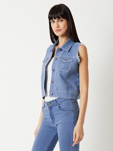 Image of Miss Chase Women's Polo Neck Full Sleeves Patch Pocket Denim Overcoat Knee-Length Jacket