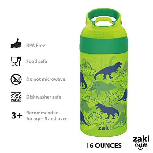 Image of Zak Designs 16oz Riverside Kids Water Bottle with Spout Cover and Built-in Carrying Loop, Made of Durable Plastic, Leak-Proof Water Bottle Design for Travel (Unicorn & Dino Camo, Pack of 2)