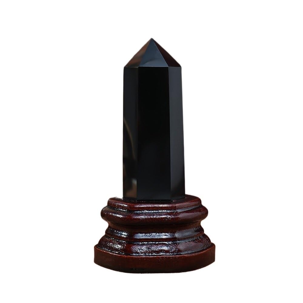 AUOQKQUT Gemstone Amethyst Point Crystal Column with Wooden Base Rose Quartz Tower Ornament (Color : Obsidian)