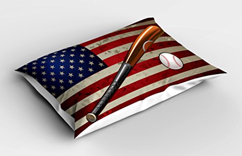 Lunarable American Flag Pillow Sham, Baseball Bat And Ball On Foreground Of Star-Spangled Banner National Sports, Decorative Standard Size Printed Pillowcase, 26" X 20", Beige Ruby #TOP20