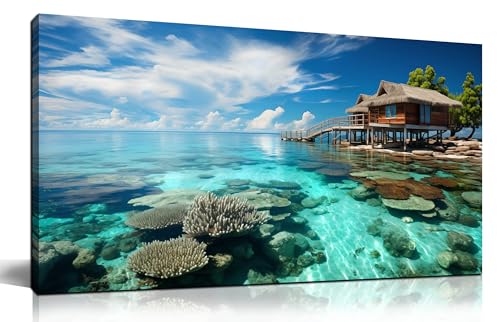 Ocean Scenic Canvas Wall Art, Blue Seascape Wall-Decor Picture , Ocean Scenery Canvas Decoration, Coastal Landscape Print Decorative Artwork for Home living Room Bedroom and Office, Size 40x20 Inches