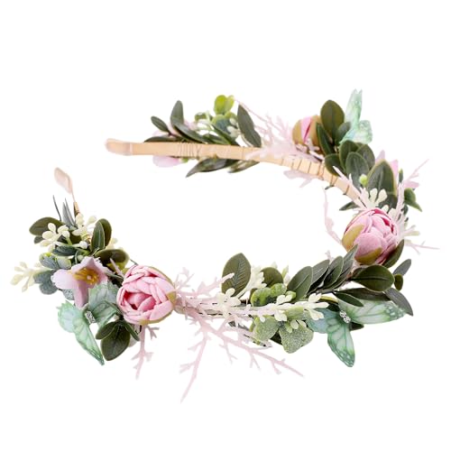 KorViSHOW Fairy Butterfly Flower Crown, Artificial Pink Green Floral Headpiece, Woodland Forest Elf Flower Headband for Women Fantasy Renaissance Halloween Cosplay Party Hair Accessory