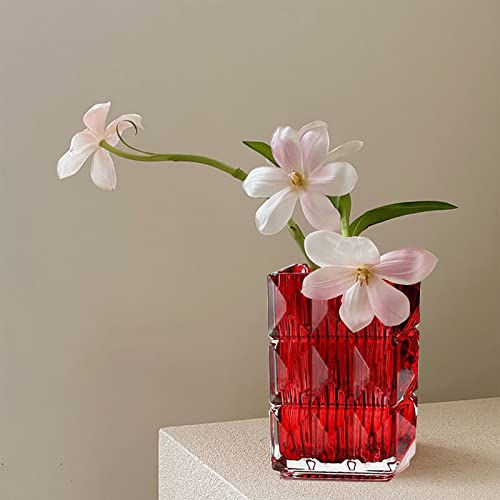 Alley Red Vase Flower Vase Elegant Decorative Glass Thickening Design Red Glass Vase For Home Office Decor (Red-Square) #TOP3