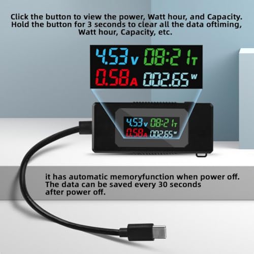 Image of chenyang USB C Power Tester Digital Multimeter 4-30V 0-6.5A Color Screen Digital Display Real-Time Monitoring of Current /Voltage /Power /Work Time