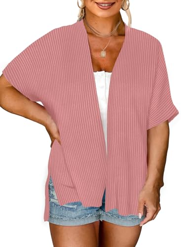 Image of Eytino Women Plus Size Lightweight Cardigan Half Sleeve Ribbed Knit Kimono Cardigans Tops(1X-5X)